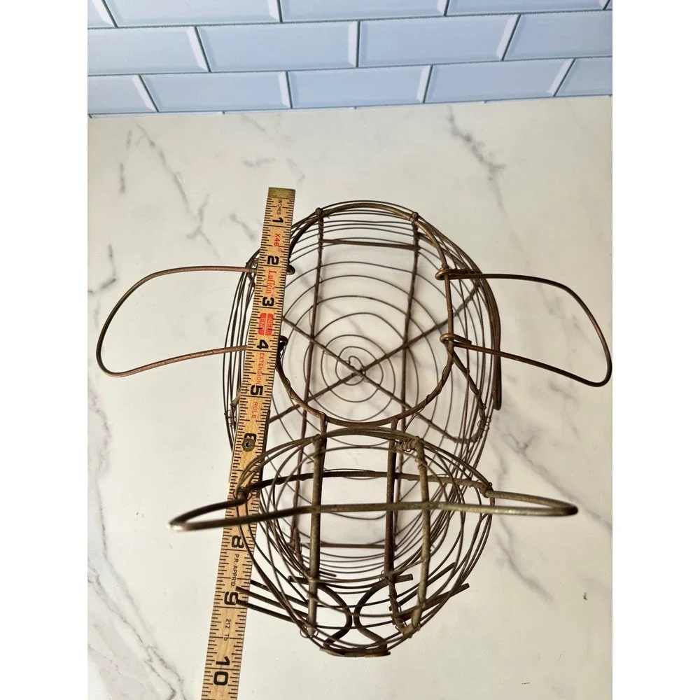 Vintage Wire Cat Egg Basket Copper Tone Metal Farmhouse Kitchen Decor